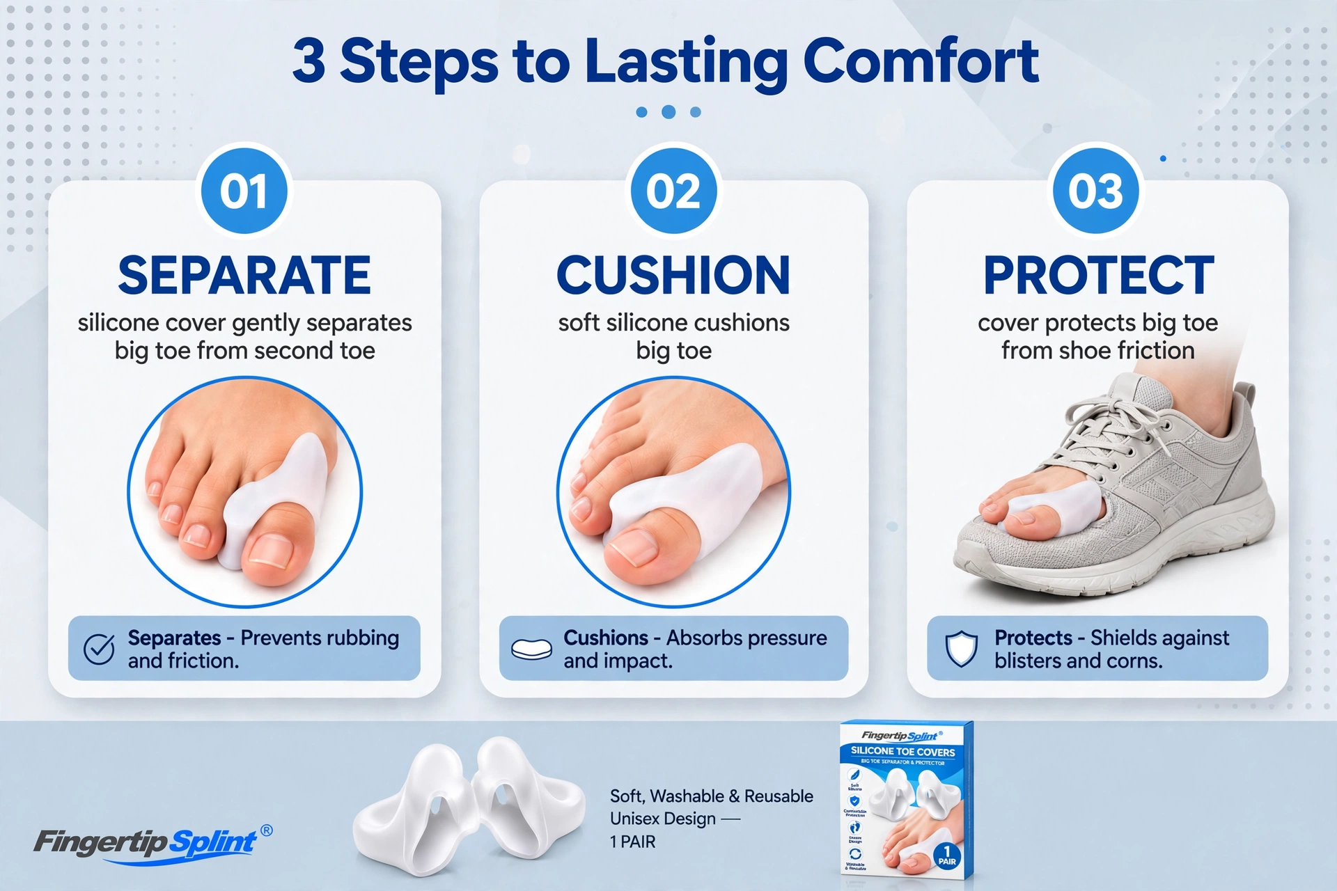 Soft silicone toe protectors for daily foot care