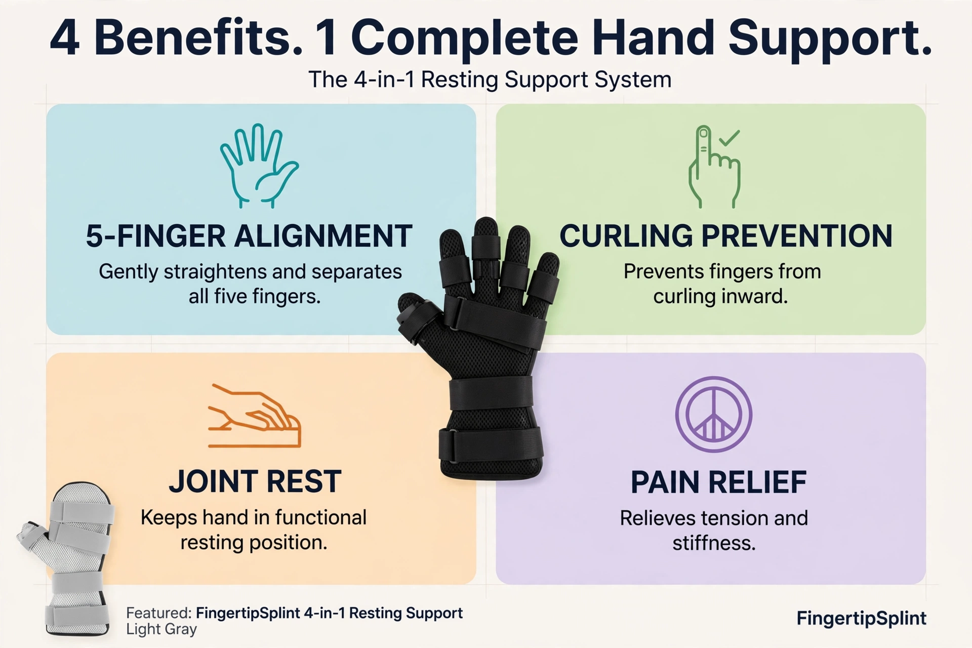 Resting hand brace for curled fingers and nighttime support