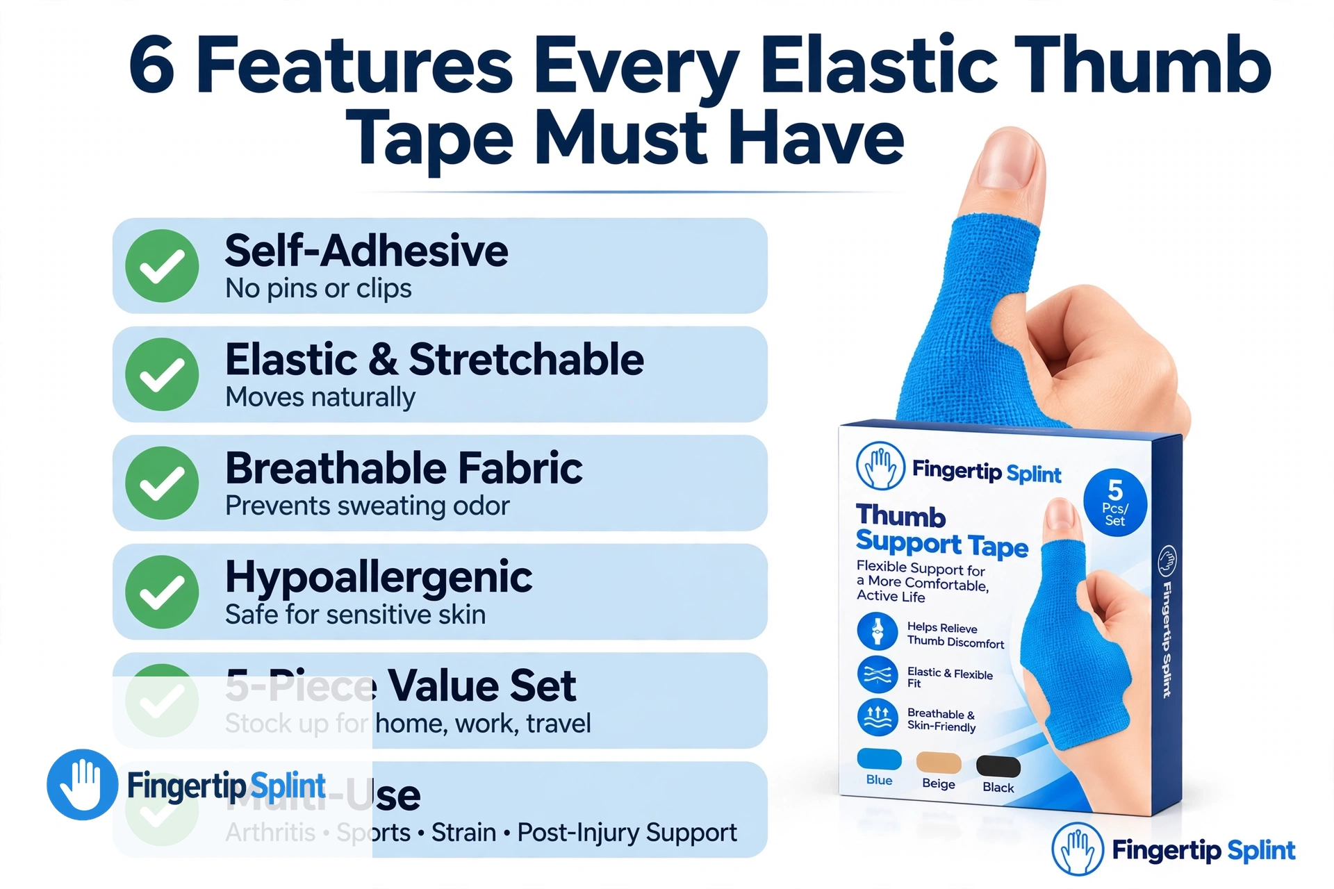 Six features checklist for choosing elastic thumb support straps including elasticity, material, width, length, fastening, and adjustability