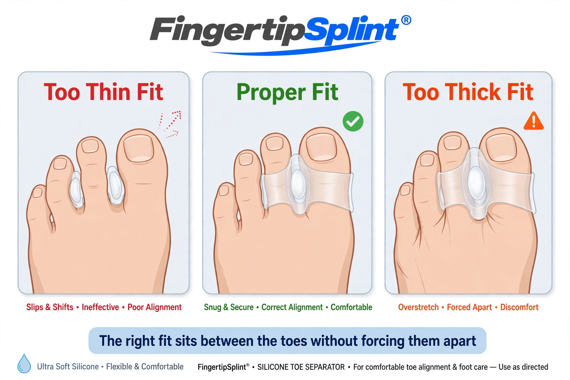 Ultra-soft silicone toe separator fit showing proper positioning