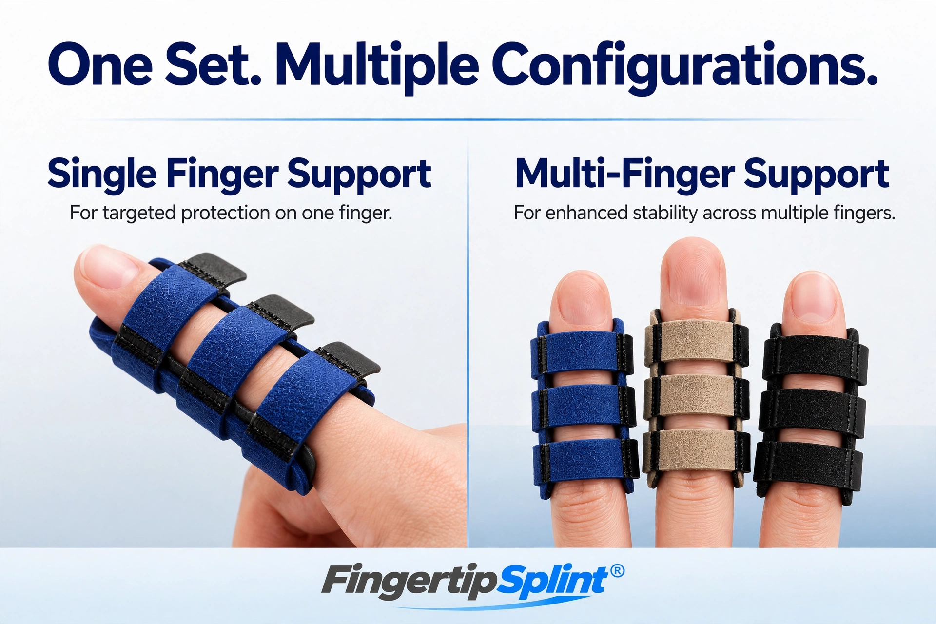 Multiple configurations of 3-piece adjustable finger splint set