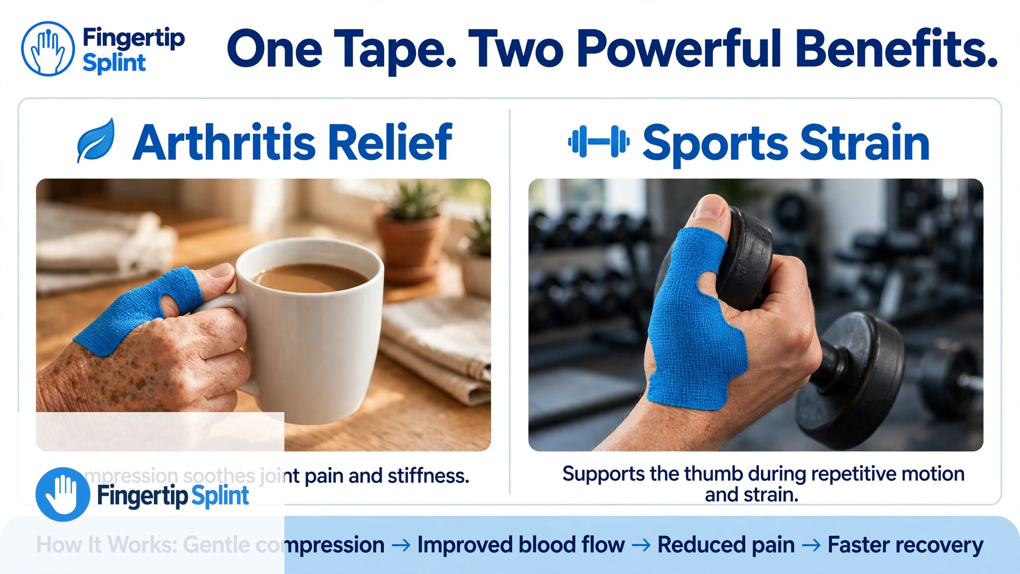 Comparison of elastic thumb strap support needs for arthritis versus sports showing different support and movement requirements
