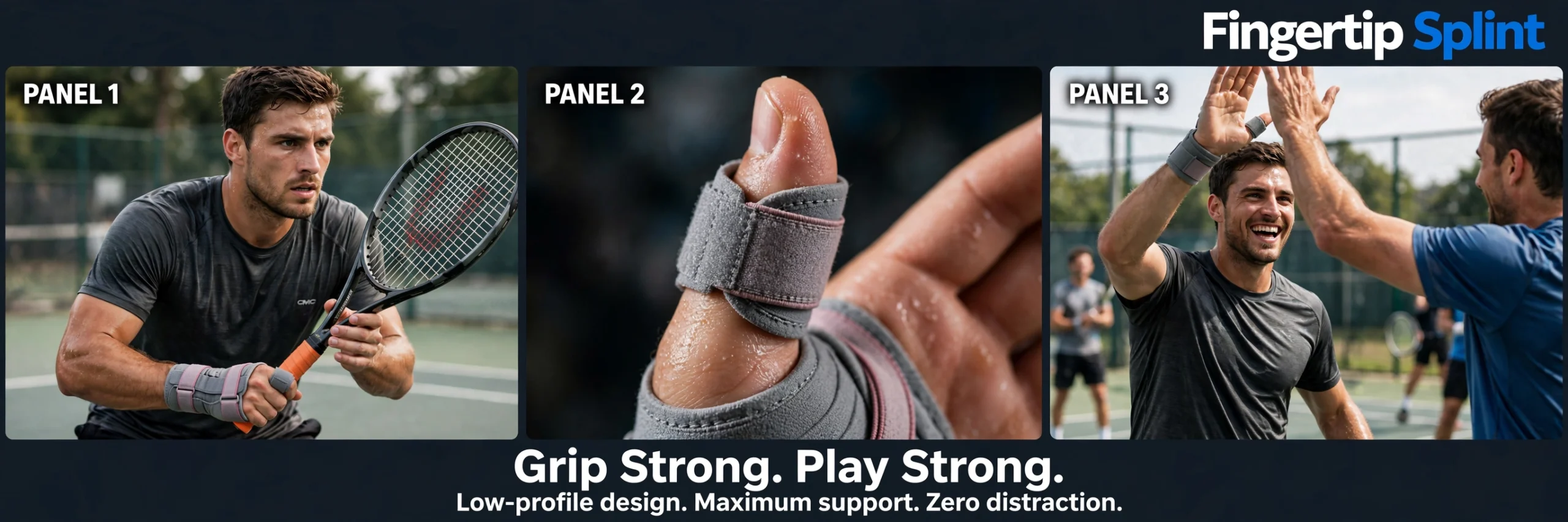 Grip strong stay strong showing a sports thumb wrist protector maintaining grip during activity