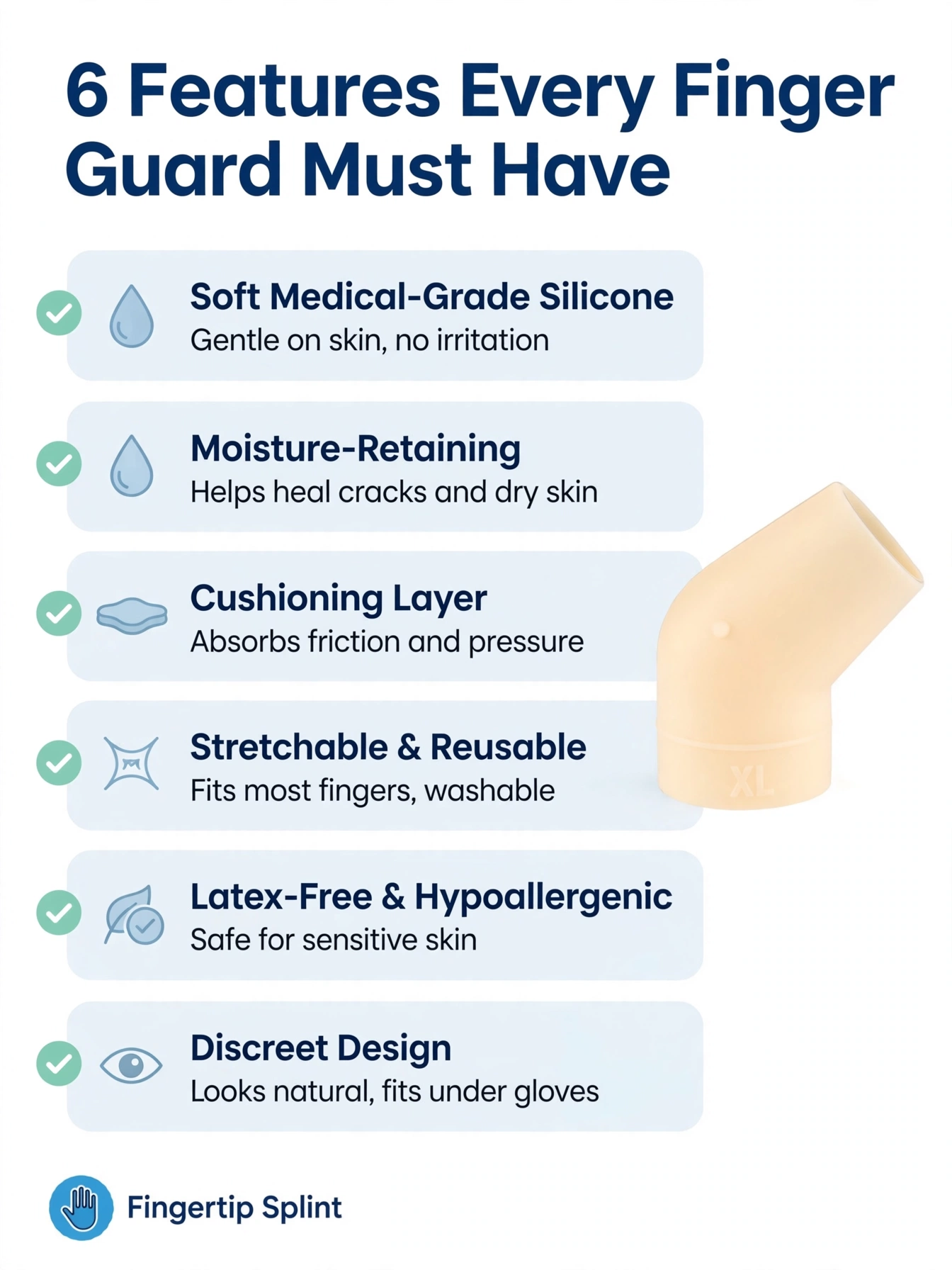 Six features to look for in a finger guard sleeve including fit, coverage, cushioning, flexibility, secure positioning, and edge comfort