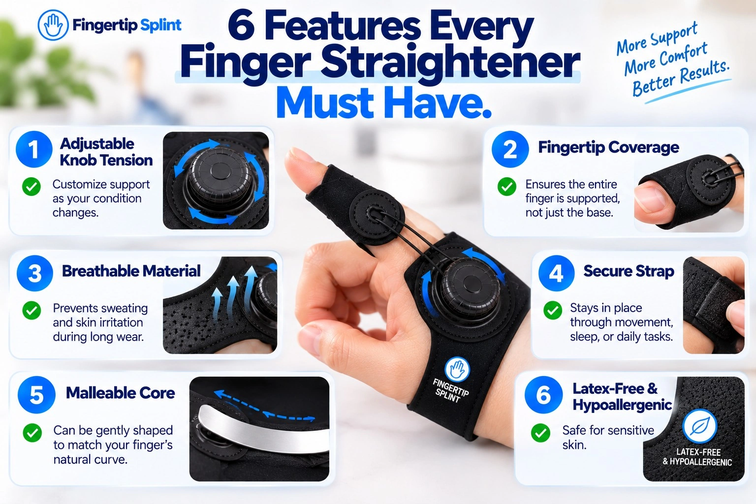 Six features to look for in an adjustable finger straightener including fit, support position, adjustability, and comfort
