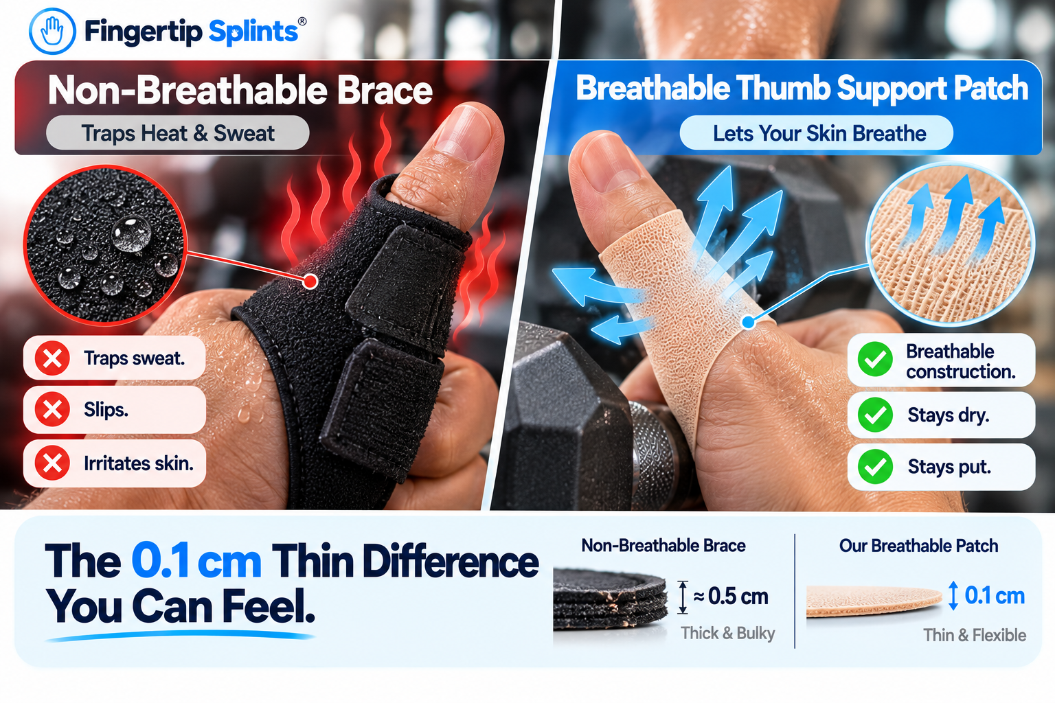 Comparison of a breathable thumb support patch and a non-breathable alternative showing differences in ventilation and moisture handling