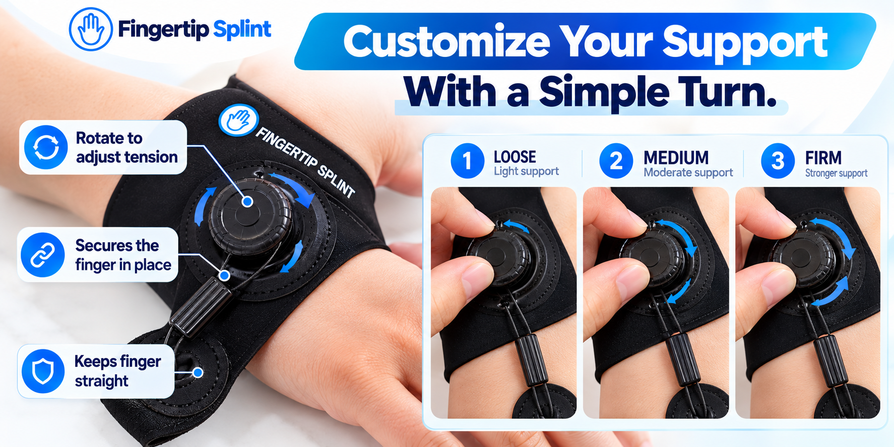 Customize your support showing the adjustable knob and strap system on a trigger finger brace