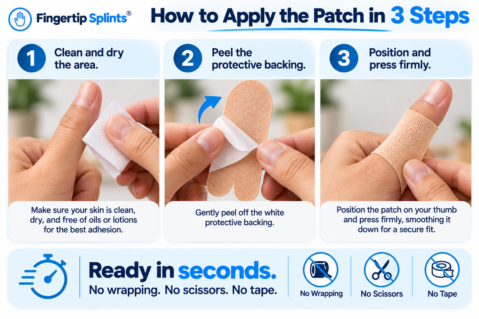 Step-by-step guide showing how to apply a self-adhesive thumb support patch correctly