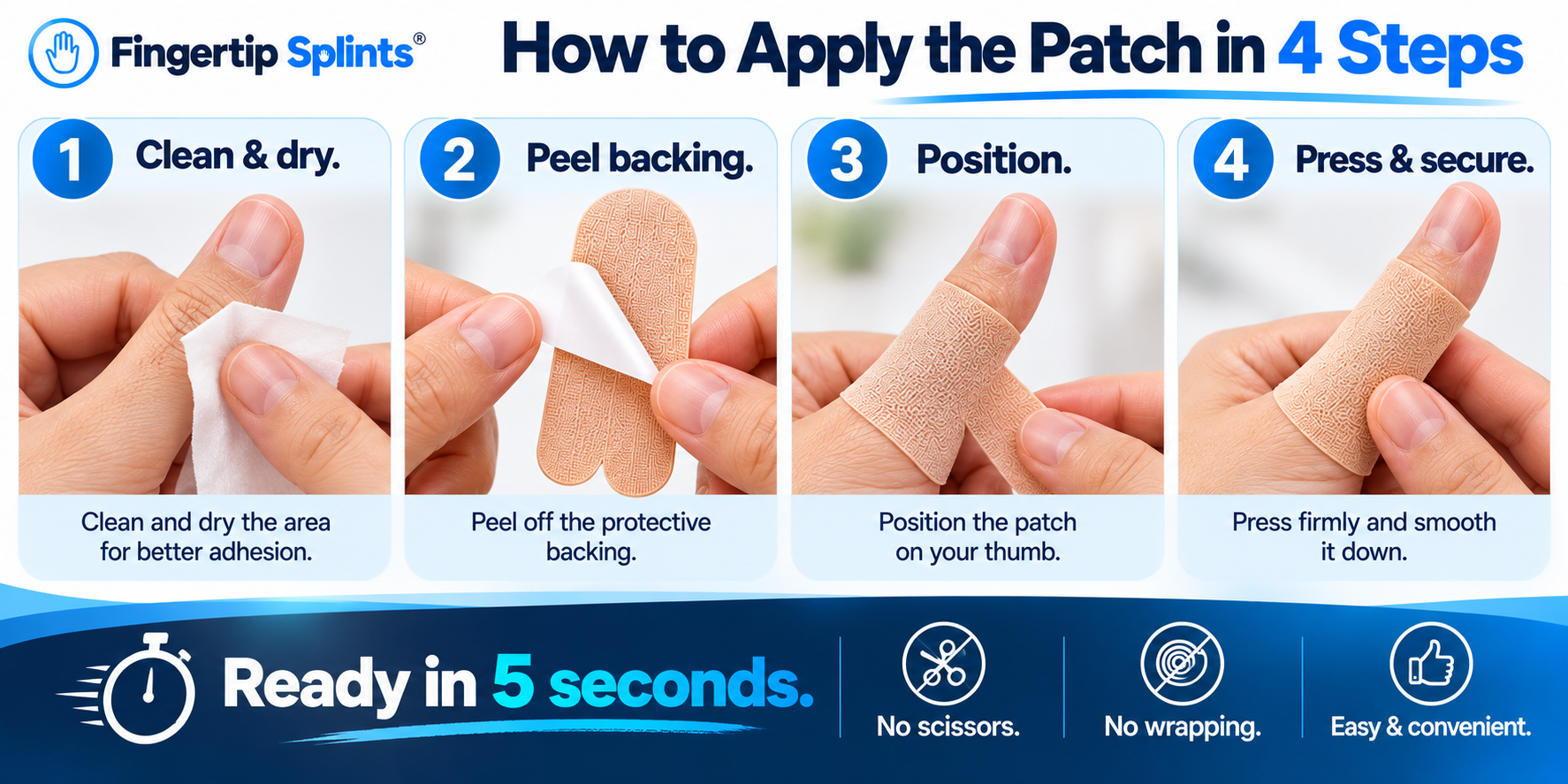 How to apply a self-adhesive finger protector showing the correct positioning and securing steps