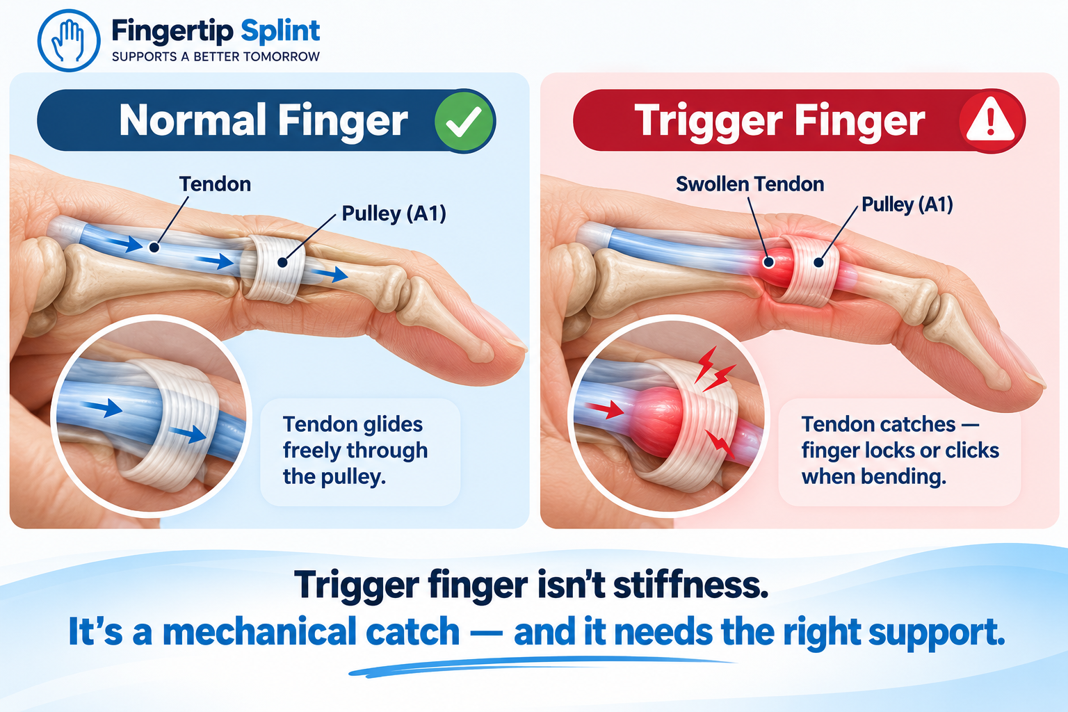 Comparison of a normal finger and a trigger finger showing the difference in tendon gliding and catching