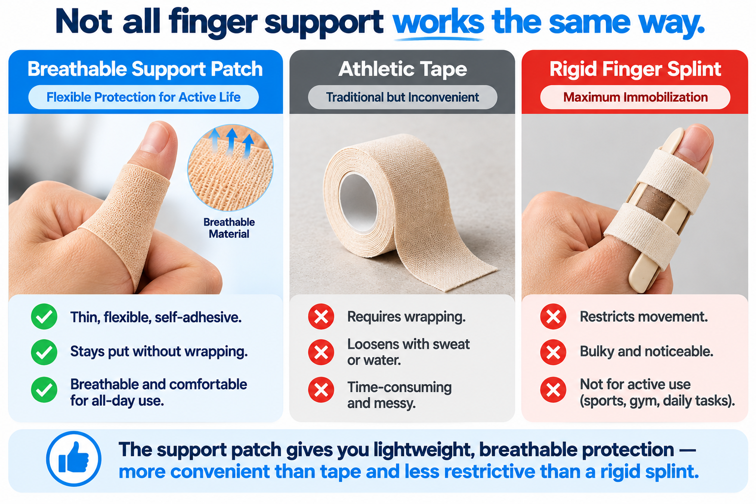 Comparison of a self-adhesive thumb support patch and traditional tape showing the difference in coverage and application