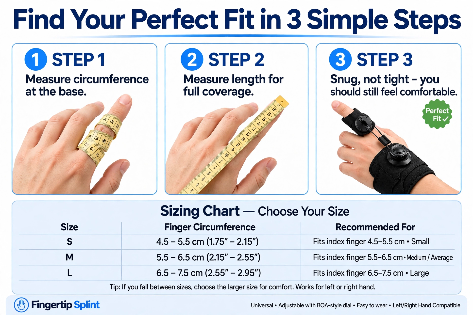 Size guide for an adjustable trigger finger brace showing how to measure the correct finger circumference