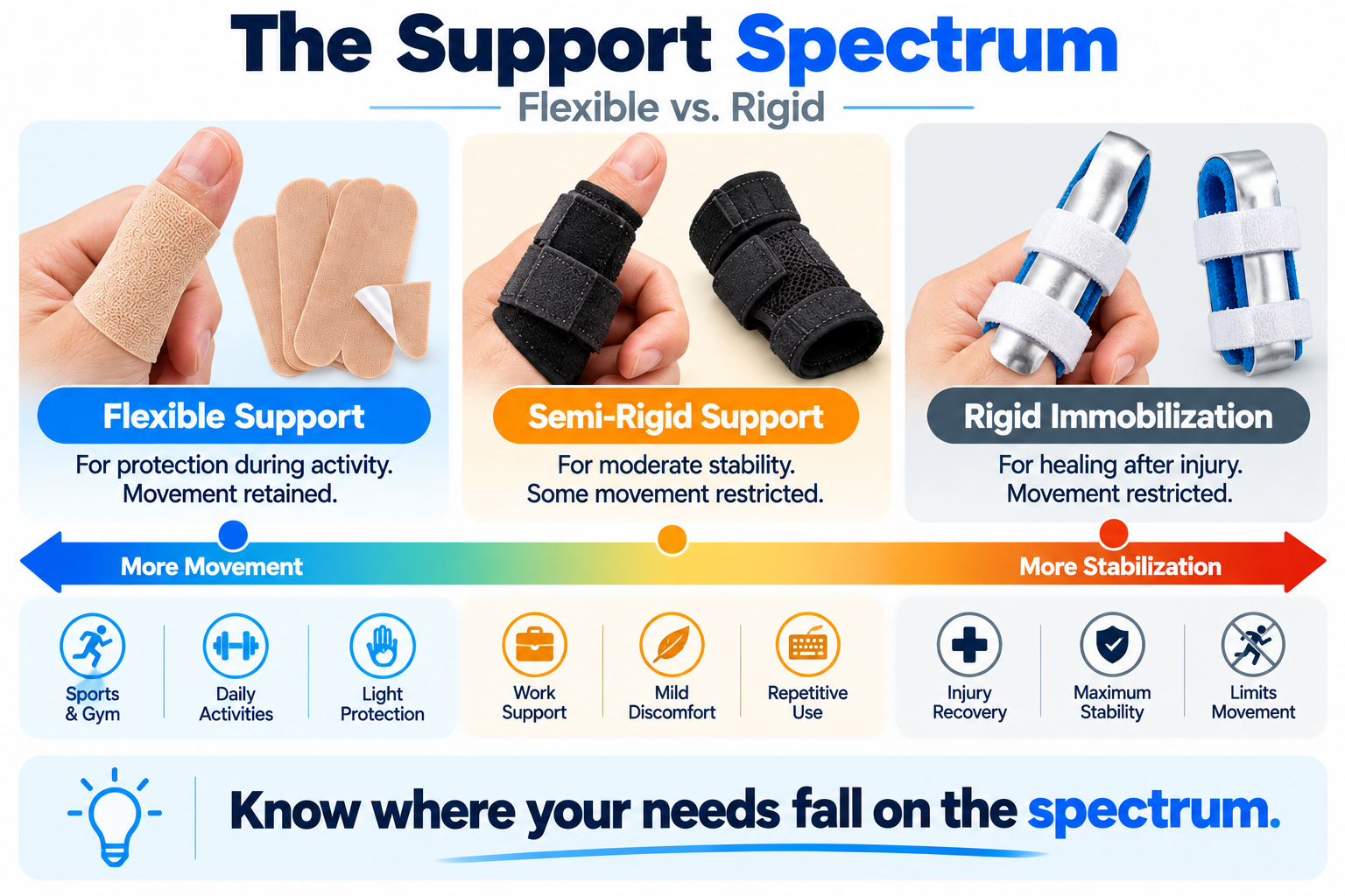 Support spectrum showing the range from flexible finger protector to structured finger splint