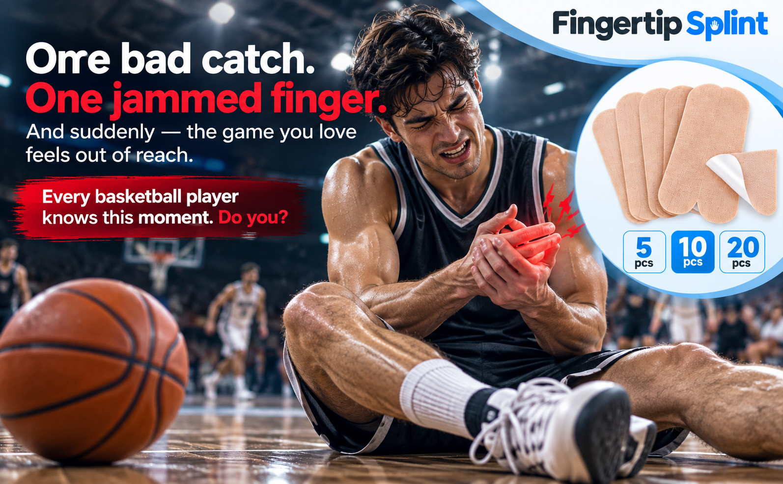 Basketball player with finger discomfort before using Fingertip Splint breathable thumb support patch