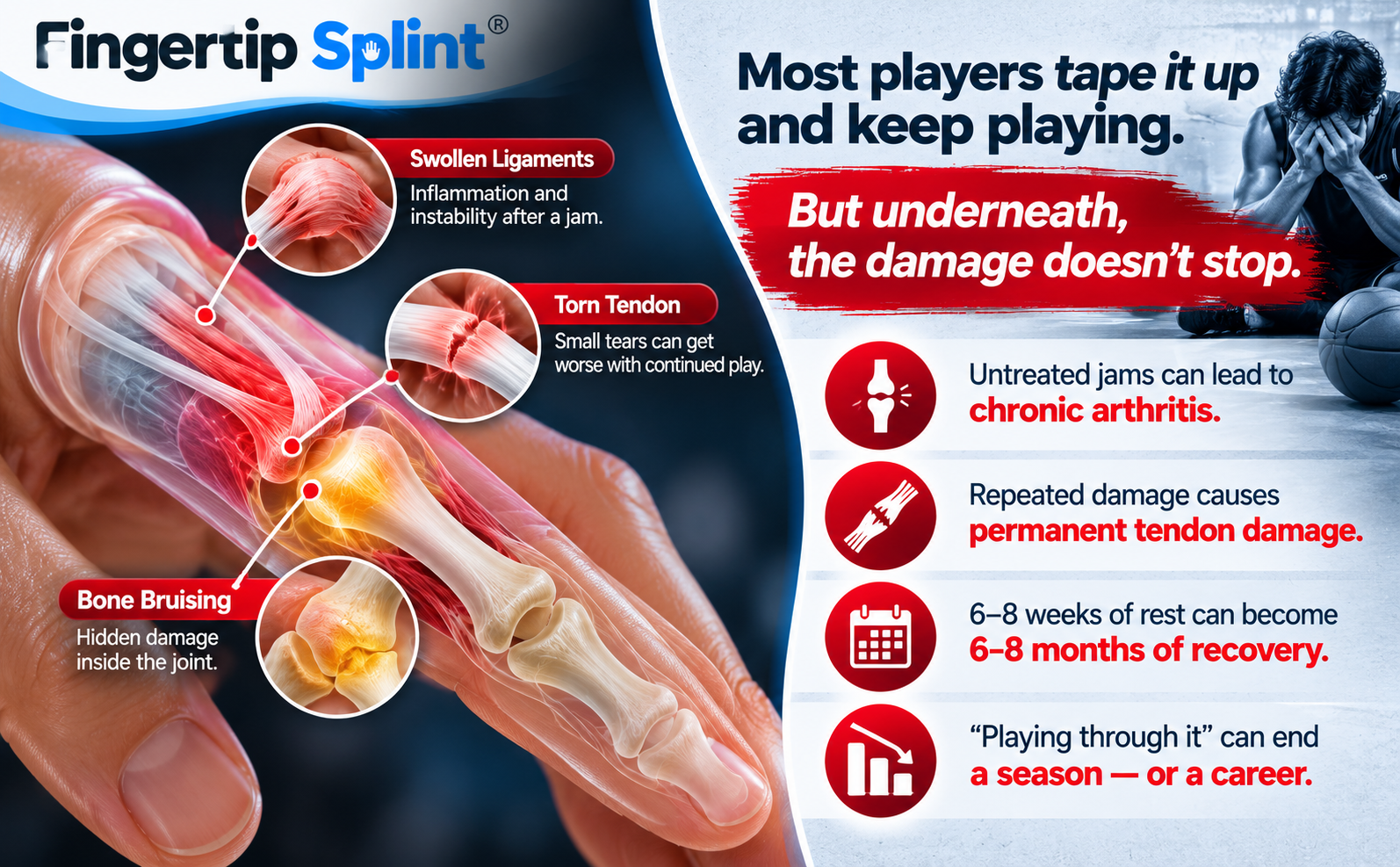 Finger joint injury awareness illustration for basketball players and athletes