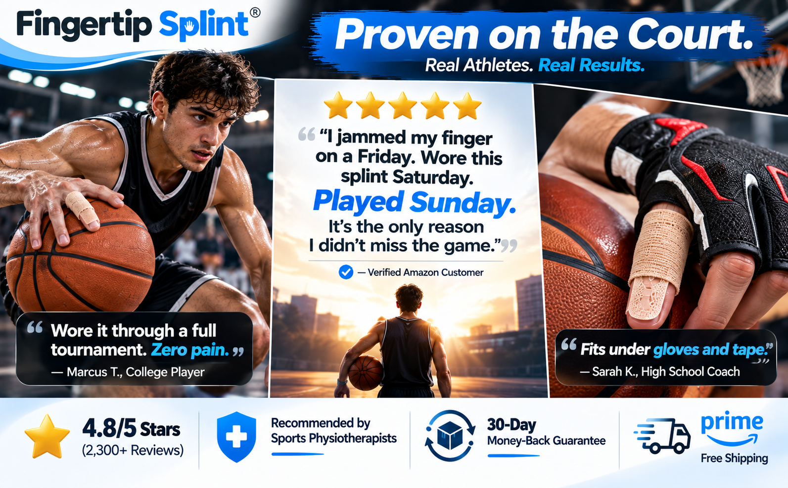 Basketball player wearing Fingertip Splint self-adhesive finger support patch during sports
