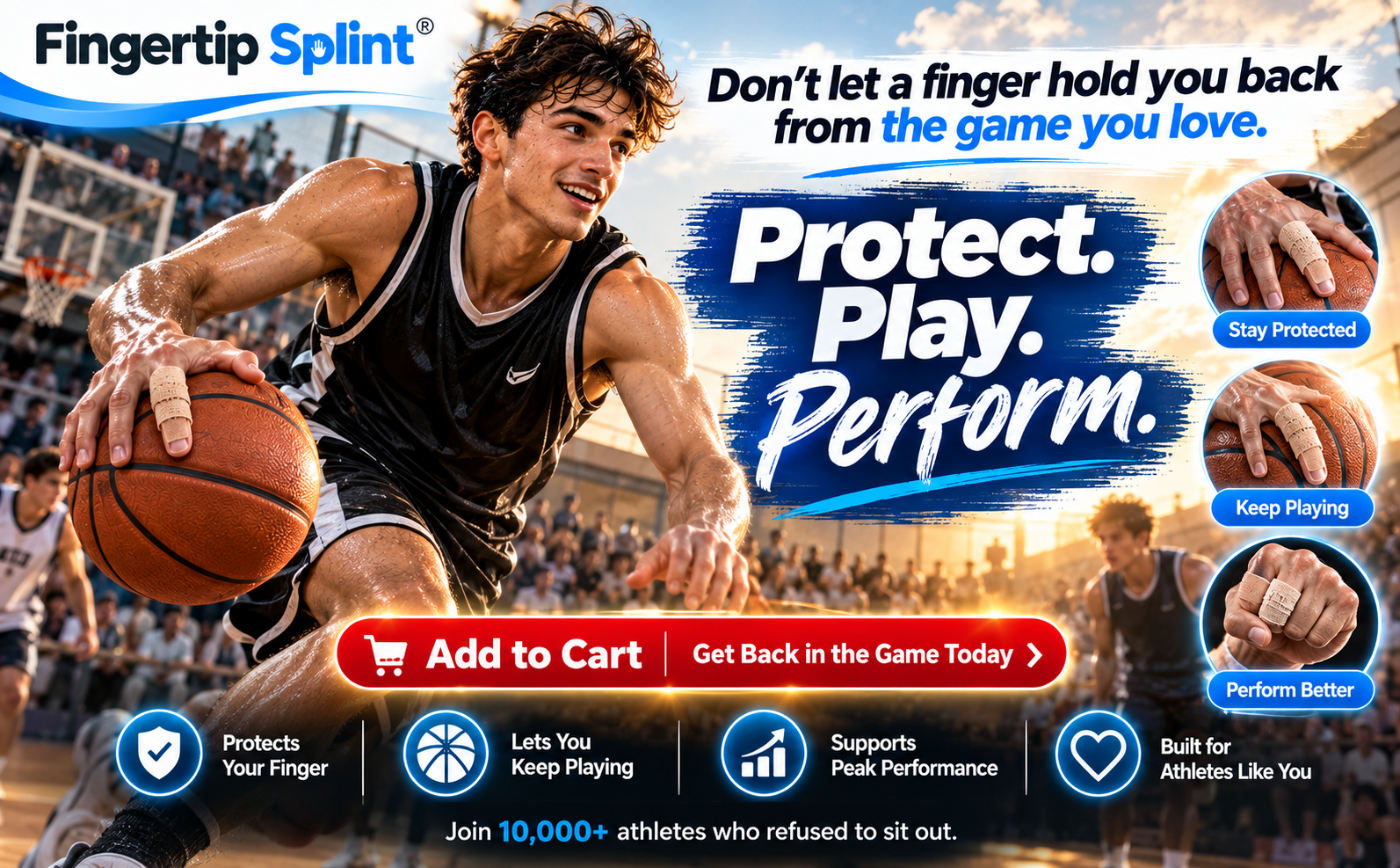 Athlete playing basketball while wearing Fingertip Splint breathable finger support patch