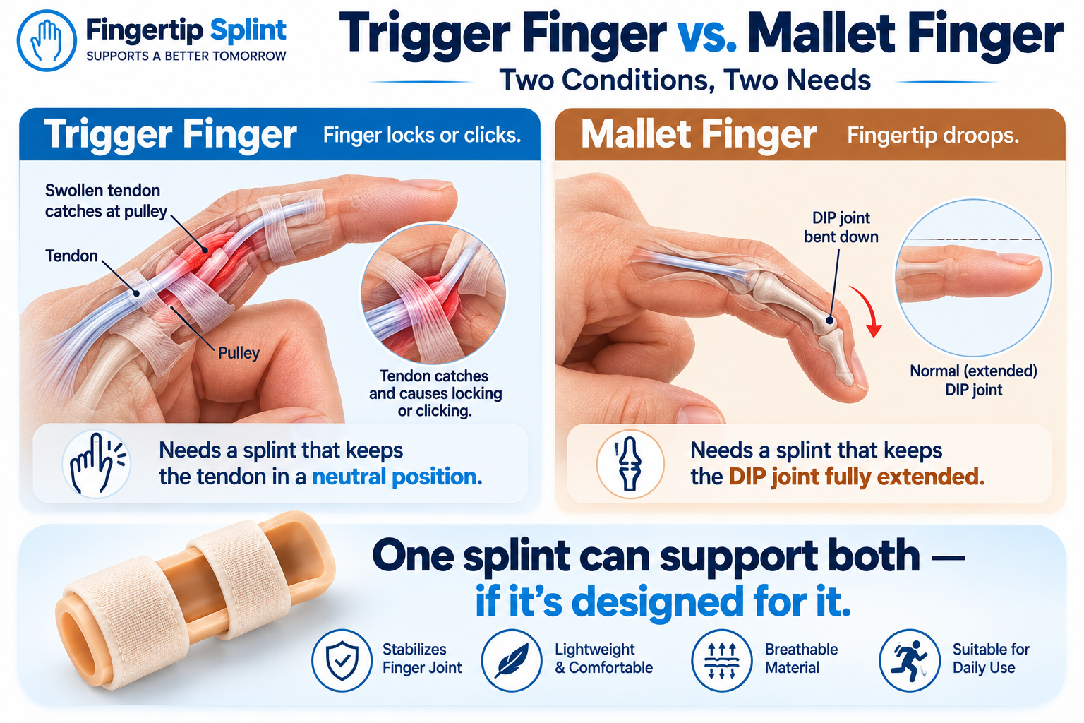 Comparison of trigger finger and mallet finger showing the different areas affected by each condition