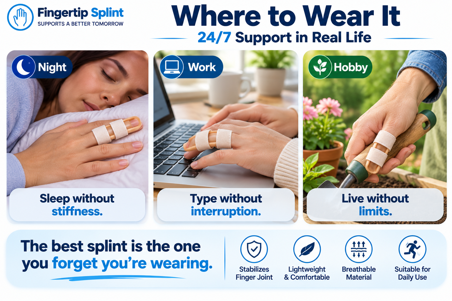 Where to wear a finger splint for trigger finger versus mallet finger showing the support position for each condition