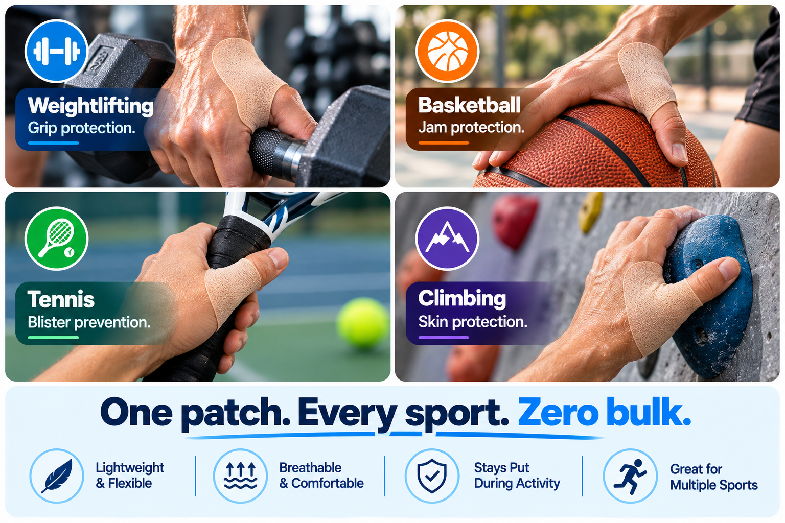 Low-profile breathable thumb support patch showing zero bulk design that does not interfere with grip or movement